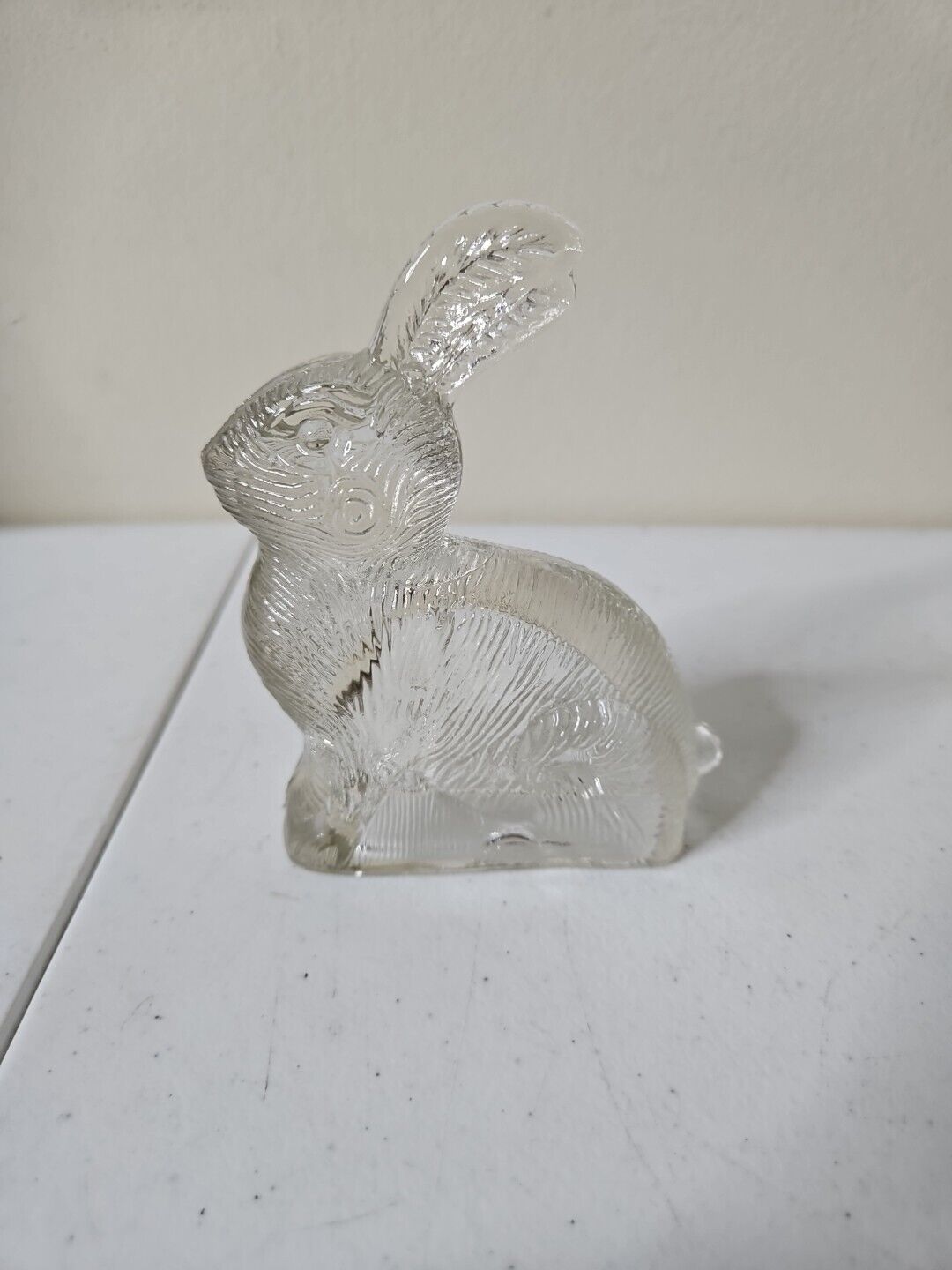 VINTAGE CLEAR PRESSED GLASS BUNNY CANDY CONTAINER MILLSTEIN 4.5\'\' Easter