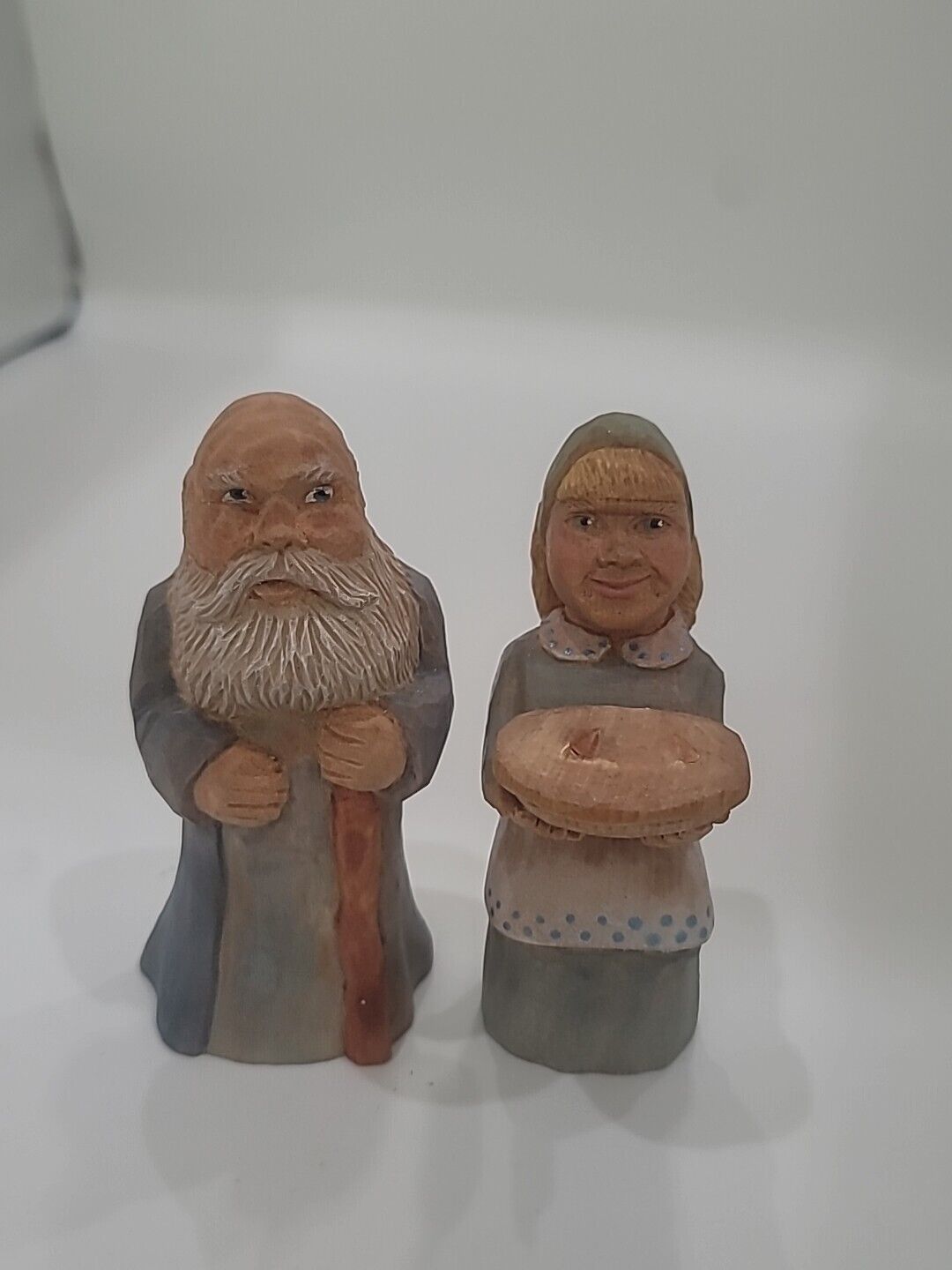Vintage Handmade Carved Wooden Elderly Couple Figures OOAK Detailed