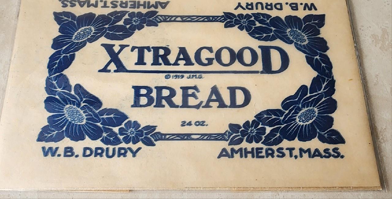 RARE 1919 XTRA GOOD BREAD W.B. DRURY AMHERST MA. WAX PAPER BREAD ADVERTISING