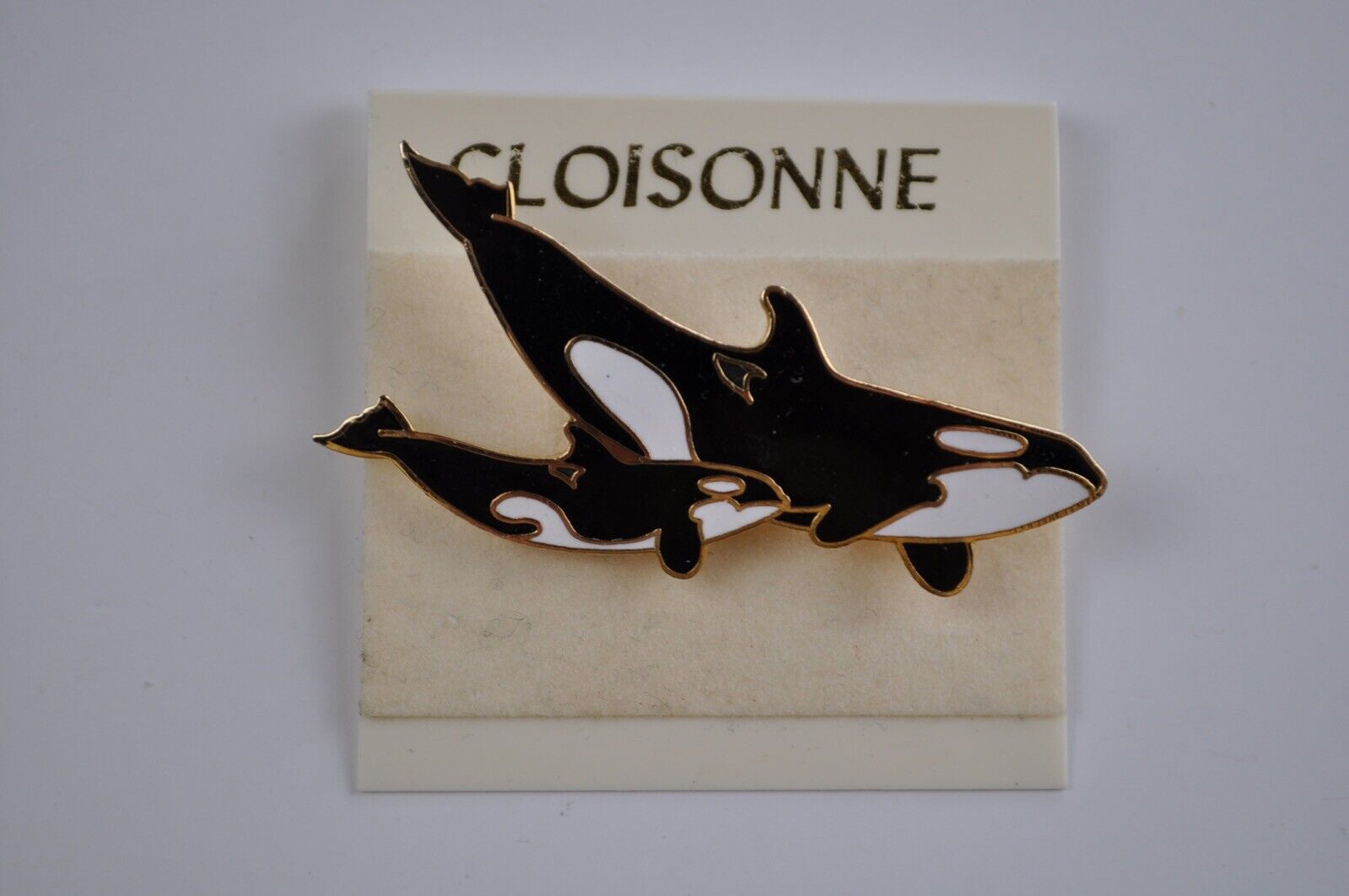 Vintage Cloisonne Orca And Baby Brooch Pin Black And White Beach