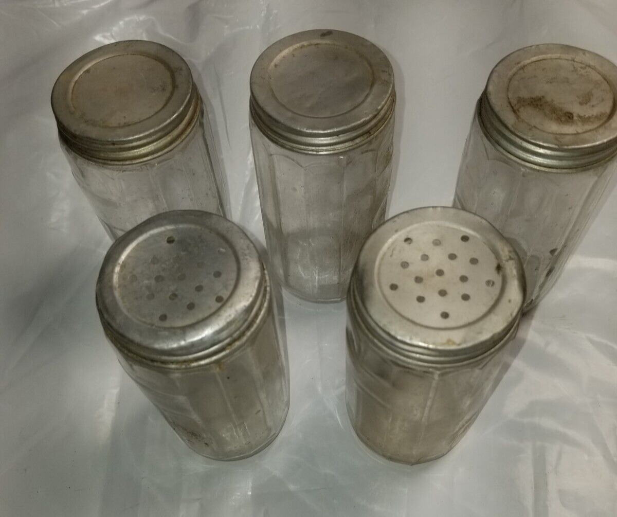 Vintage Ribbed Glass 4 inch Spice Jars With Lids- Lot of 5
