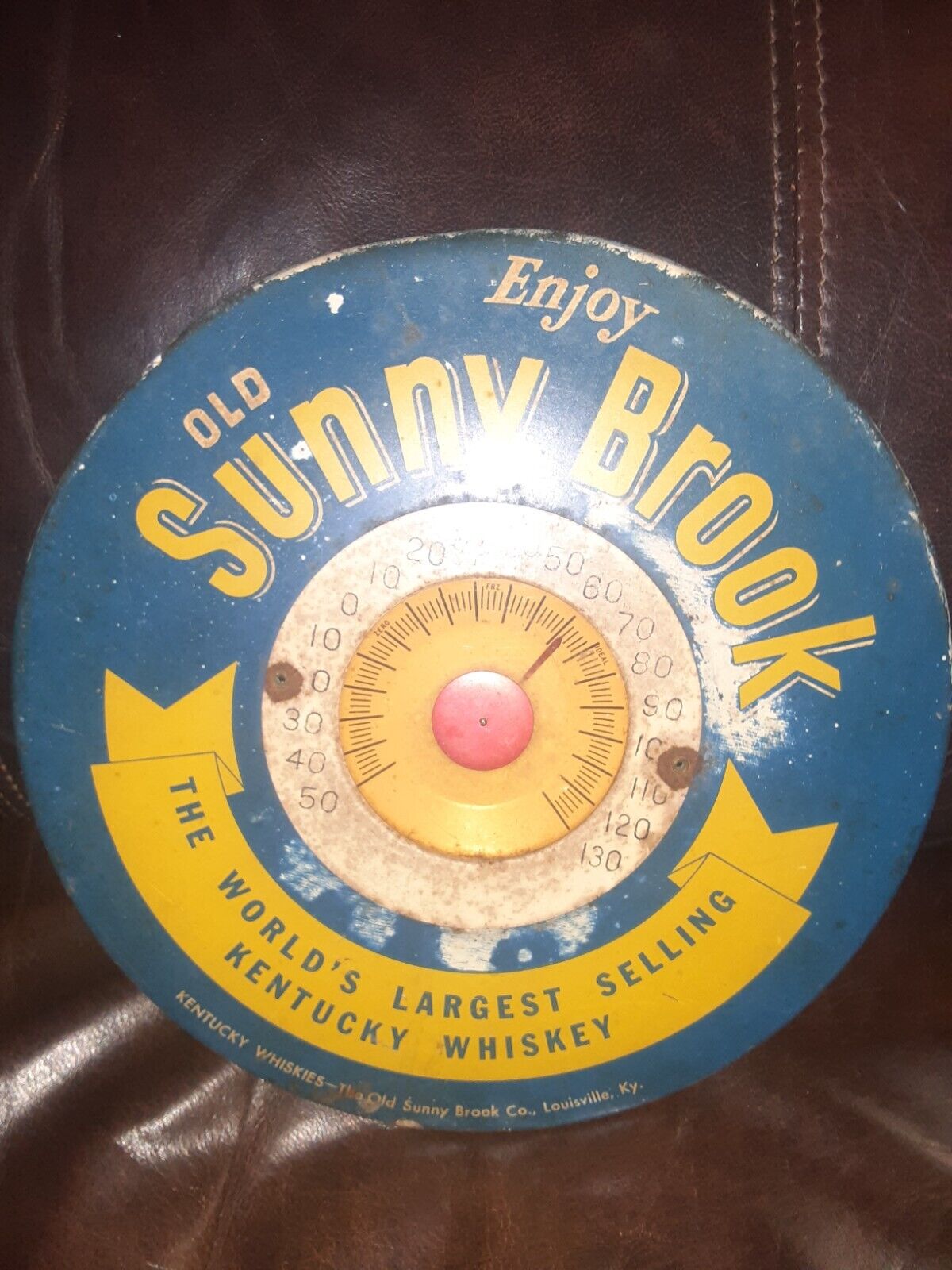Old Sunny Brook Whiskey celluloid, toc, tin over cardboard thermometer