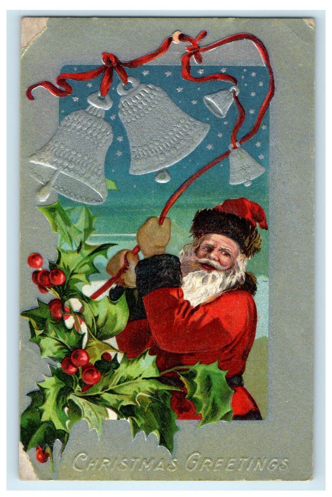 c1910 Christmas Holly Berries Santa Claus With Bells Embossed Antique Postcard