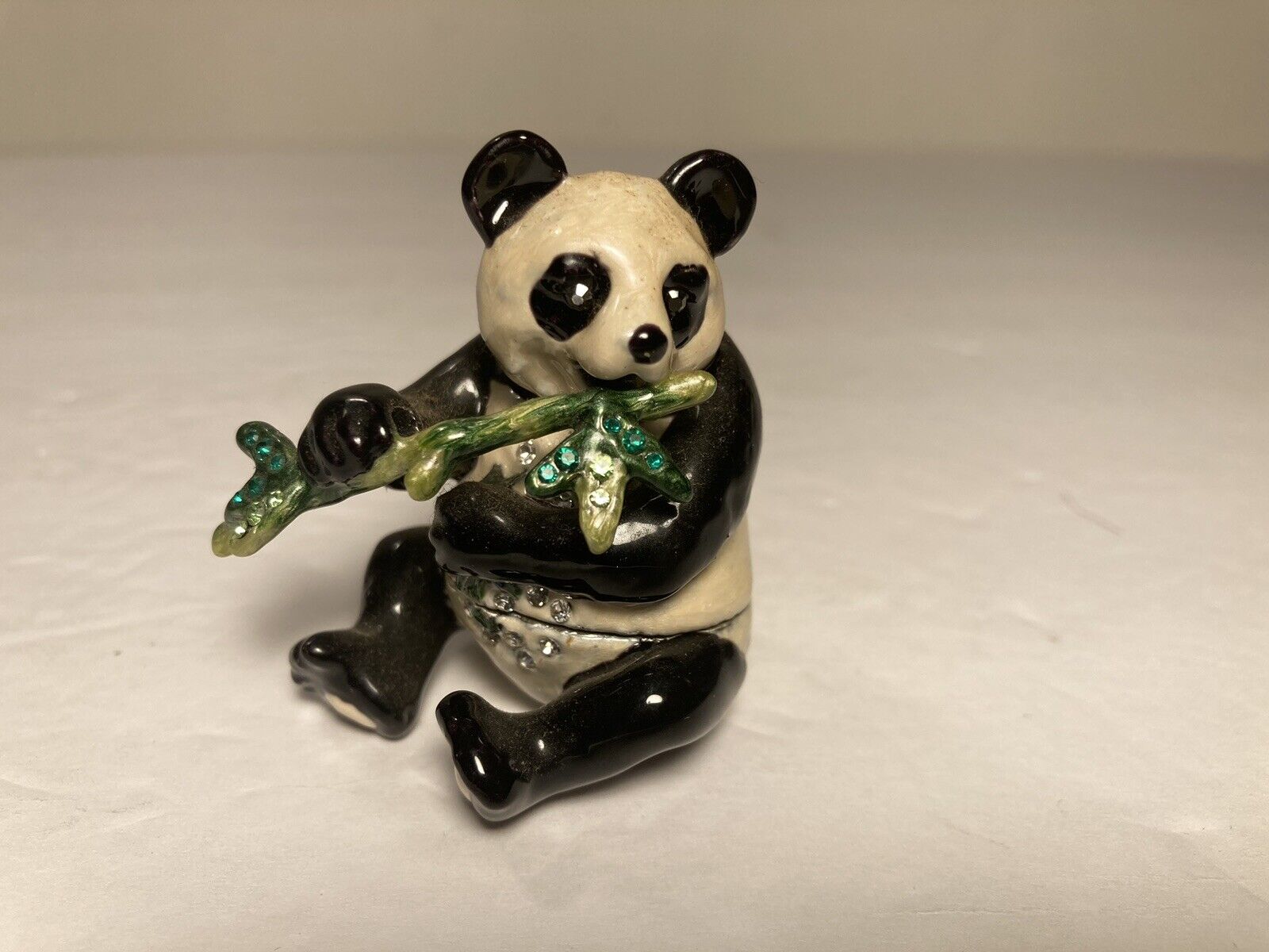 Panda Enameled Bamboo Hinged Trinket Box Rhinestones 2”
