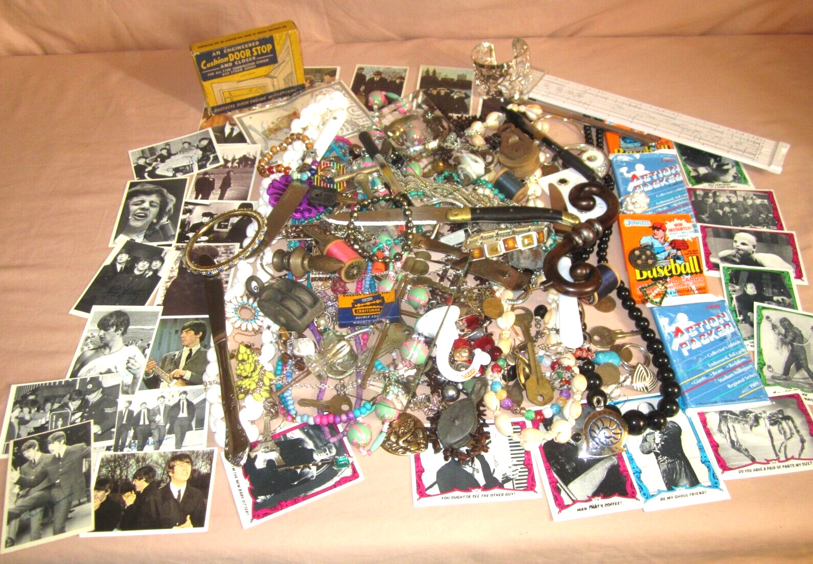FULL Junk Drawer Lot Beatle Cards, Jewelry, Jewelry Bits, Keys, One of a Kinds