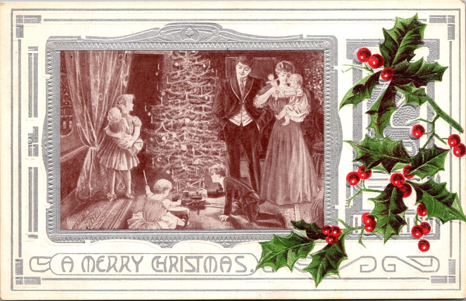 Christmas Postcard Family Gathered Around Candlelit Tree Playing with Toys~3926