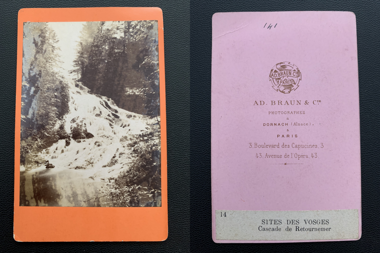 A.D.Braun, France, surroundings of Gérardmer, Retournemer waterfall vintage albumen