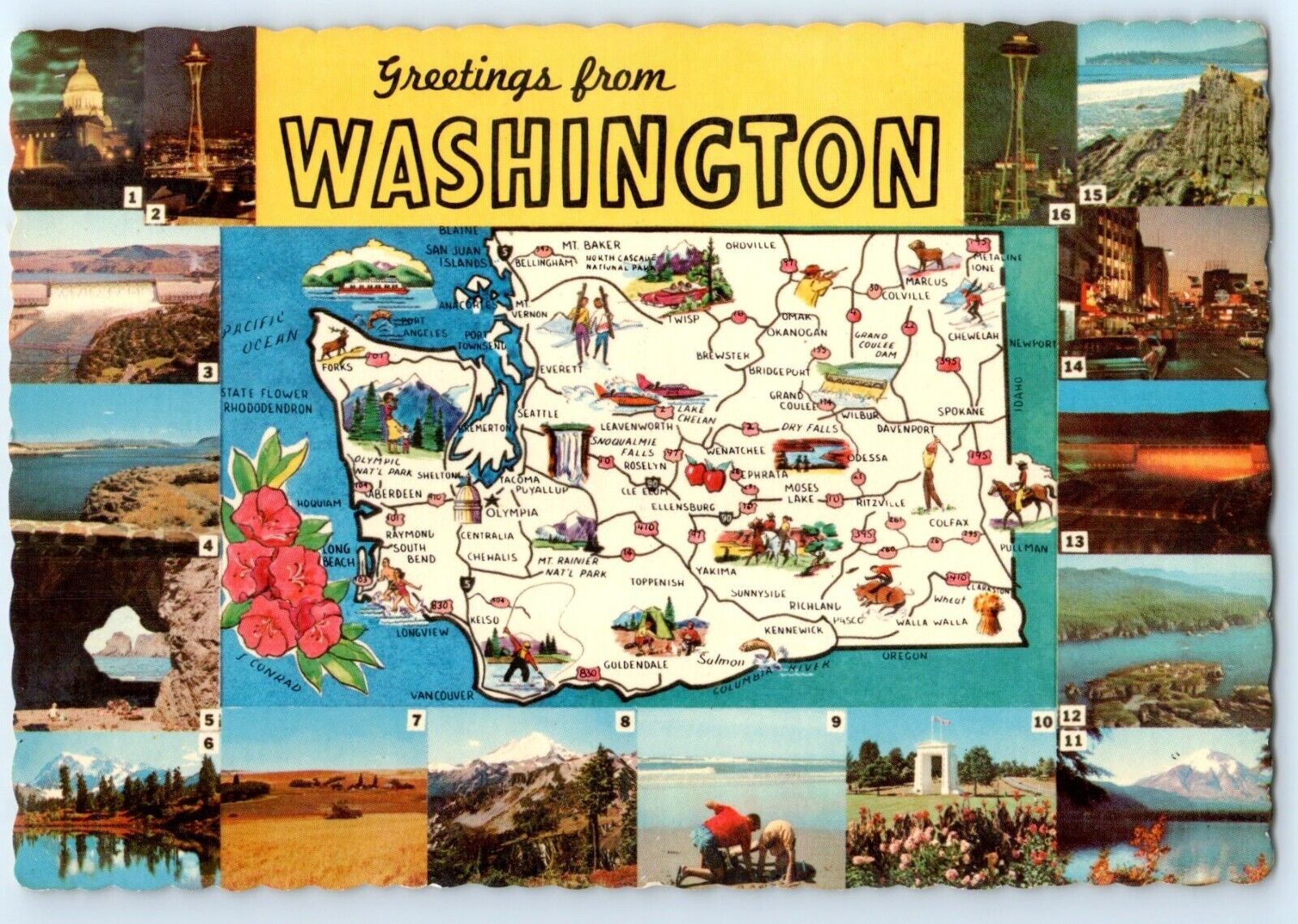 Postcard Greetings from Washington with Map and Multiple Views