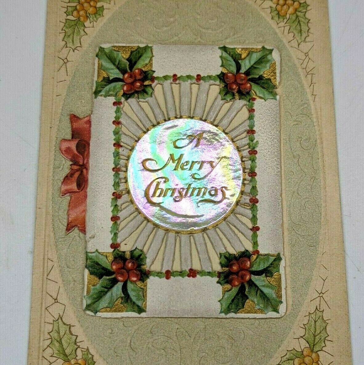 c1910s Merry Christmas Mechanical Card Iridescent Book Opens Poem Embossed A12