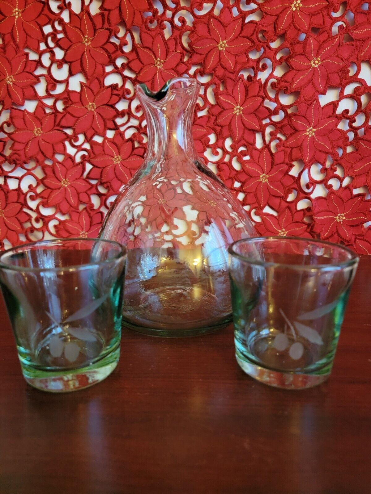 Vintage Blown Green Tint Art glass Wine Decanter With 2 Matching Glasses