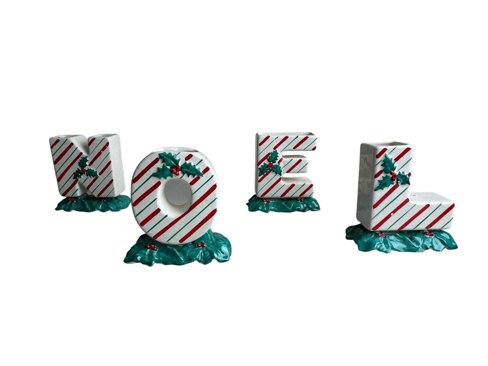 Vintage NAPCO Japan Ceramic Christmas NOEL Letters - Candy Stripe on Holly Base