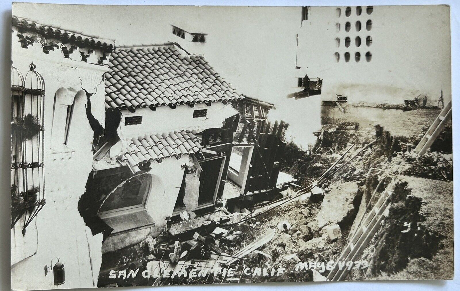 San Clemente, California. May 1933 earthquake Real Photo Postcard. RPPC