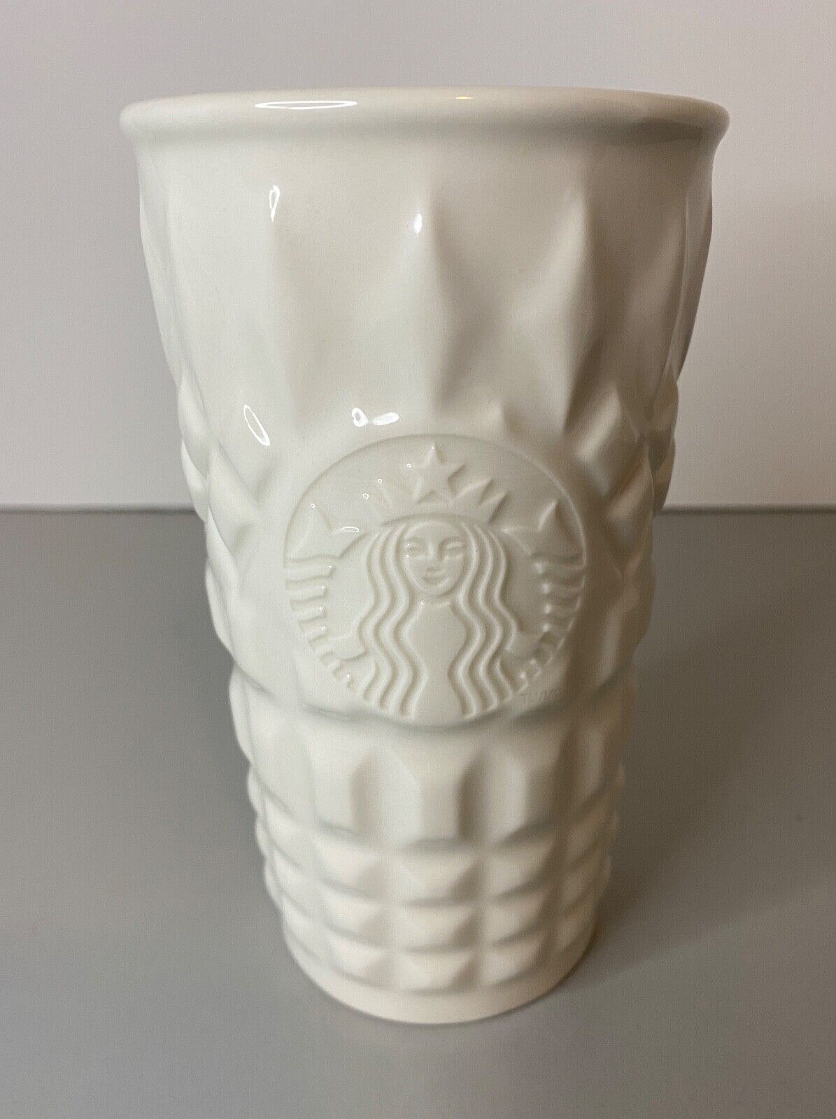 Starbucks White Quilted Ceramic Cup Mug travel Tumbler without Lid 10 oz 2014