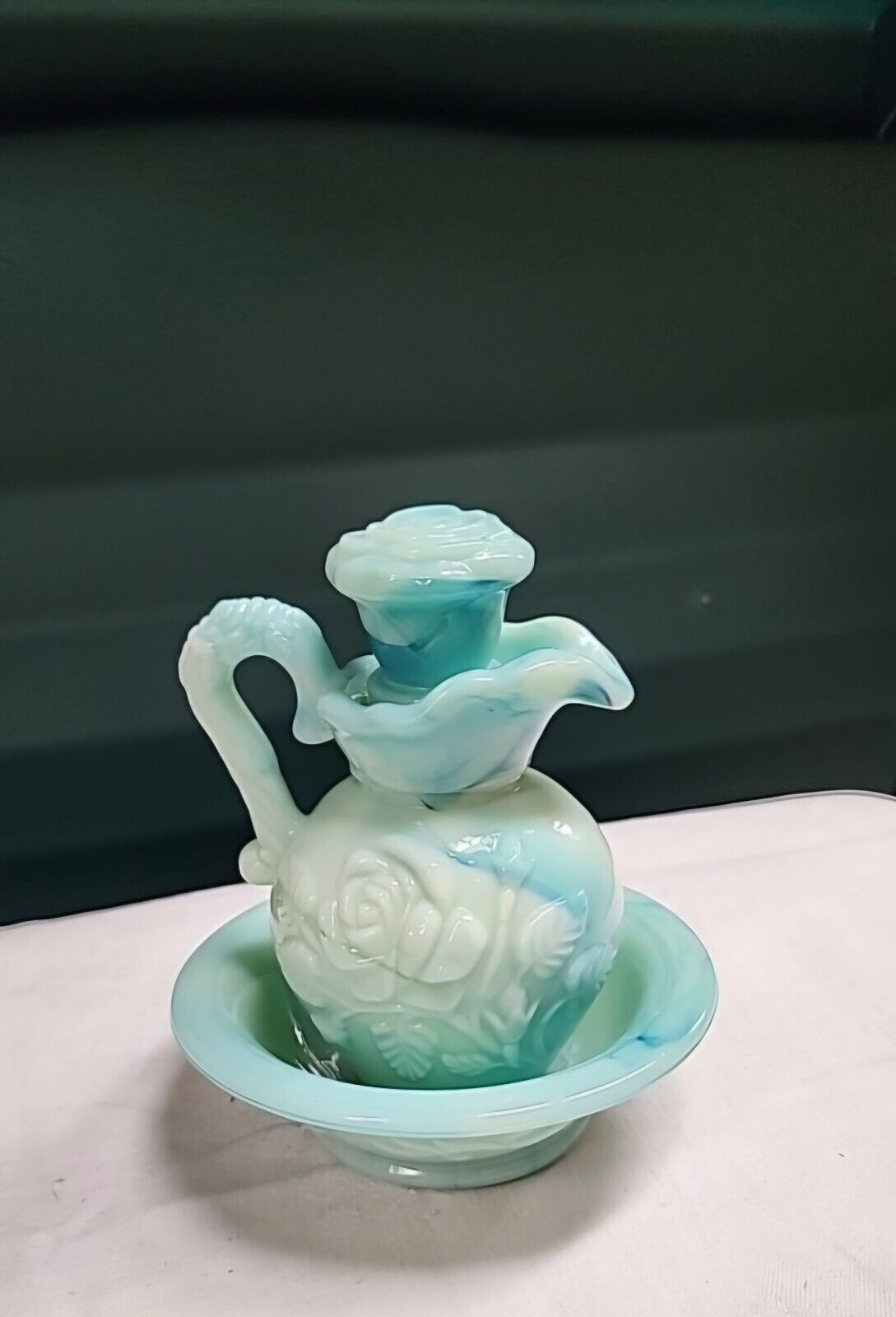 Avon Green Jade Mini Pitcher & Bowl  Milk Glass Swirl