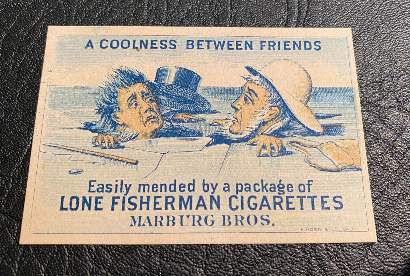 LONE FISHERMAN CIGARETTES 1880s TOBACCO TRADE CARD, HUMOROUS