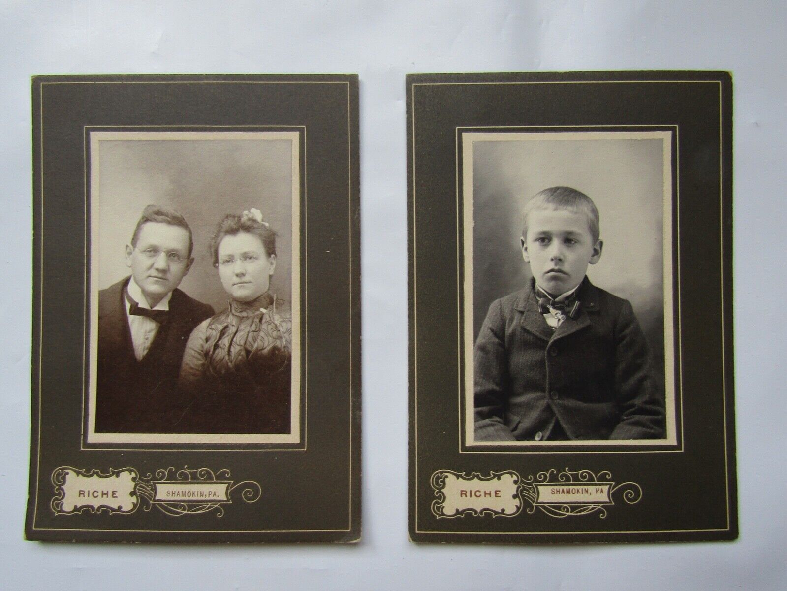 2 Antq Small Cabinet Card Photos of Well Dressed Parents and Son with Bow Ties
