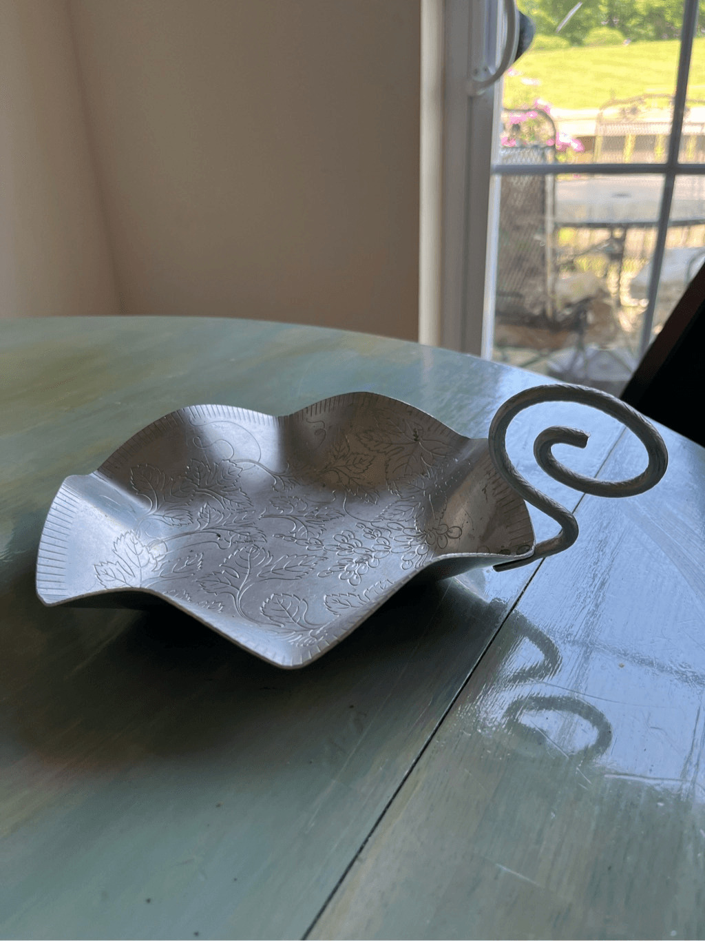 Vintage 1950s Aluminum Floral Carved Dish with Curled Handle