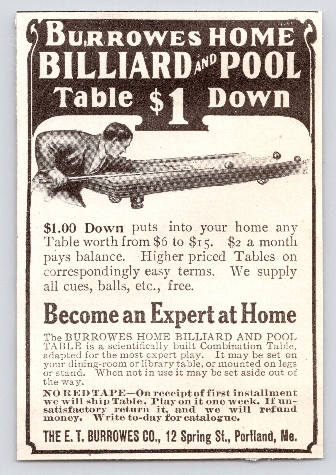 c1880s Burrowes Home Billiard & Pool Table Portland Maine ME Antique Print Ad