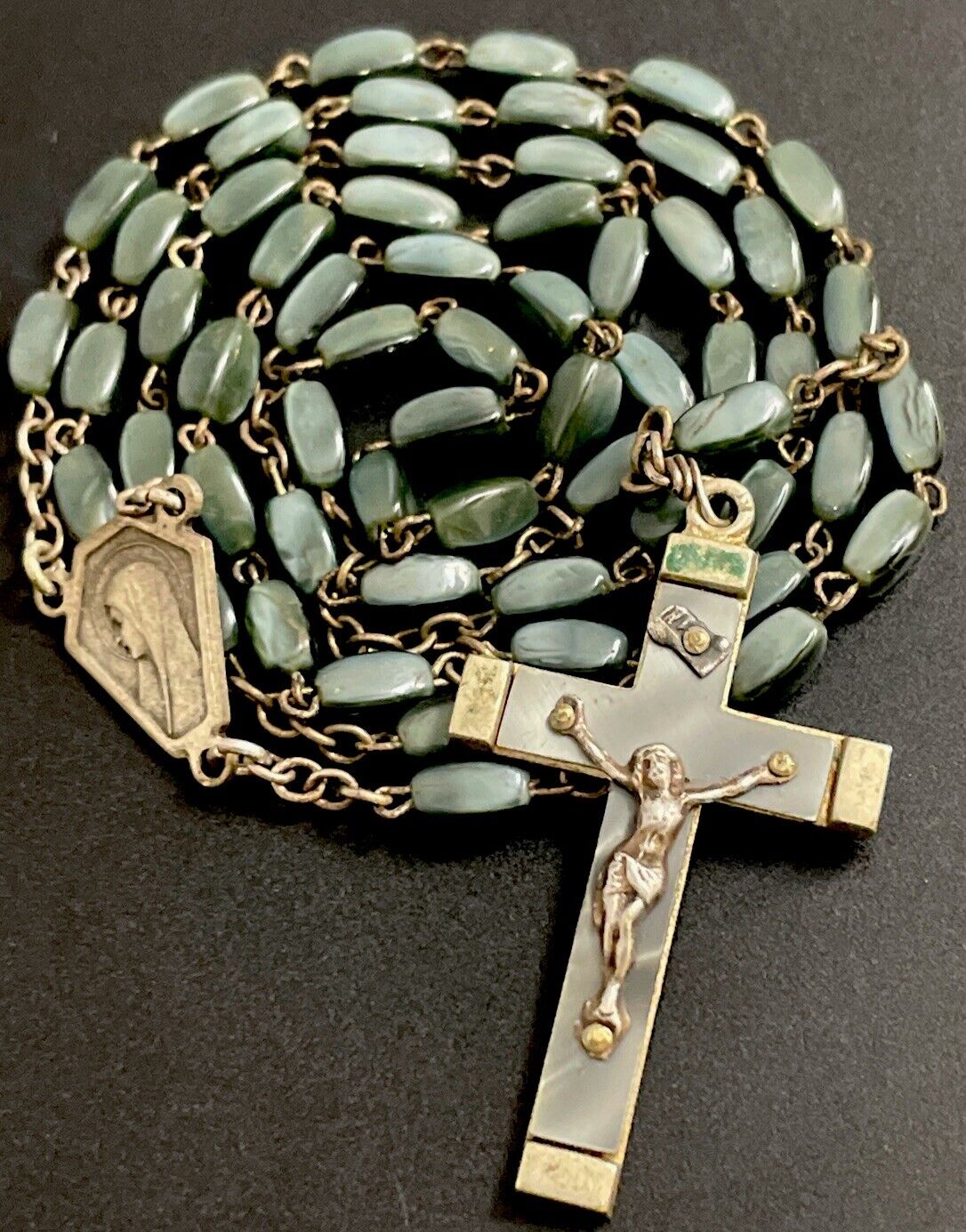 Vintage Catholic Blue Gray Milk Glass  Rosary, Silver Tone Crucifix, France