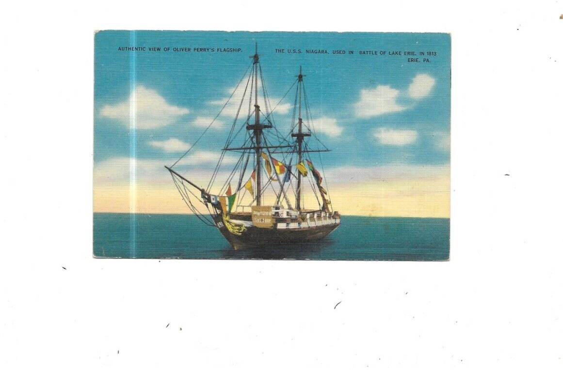 Vintage Postcard Authentic View Of Oliver Perry\'s  Flagship     Linen