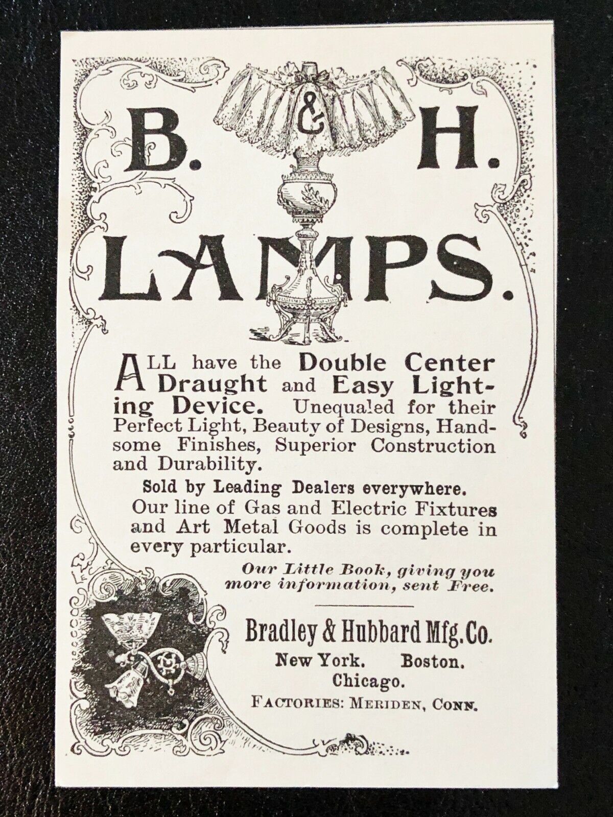 Feb.1895 B&H LAMPS Vtg Victorian Lighting Print Ad~Bradley&Hubbard Meriden,Conn.