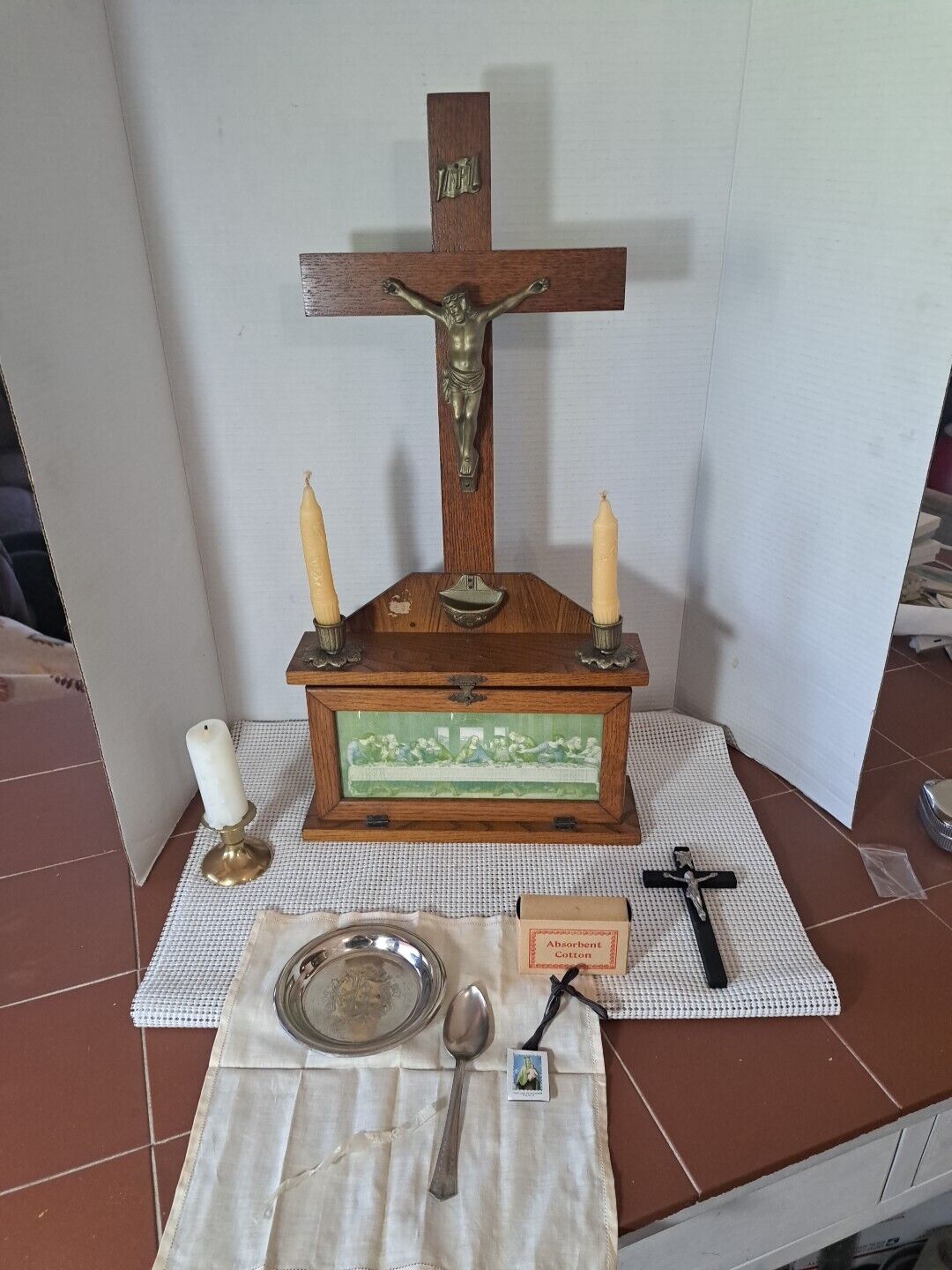 Antique Oak Wood Holy Sacrament Last Rites Altar Crucifix Last Supper IHS 