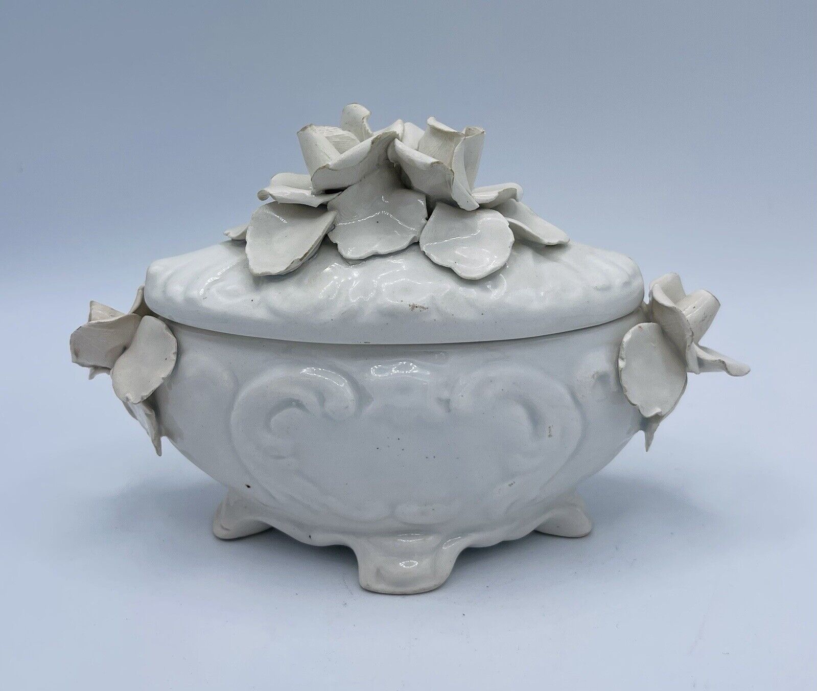 Vintage Italy Porcelain White Lidded Oval Trinket Dish Capodimonte Style Floral