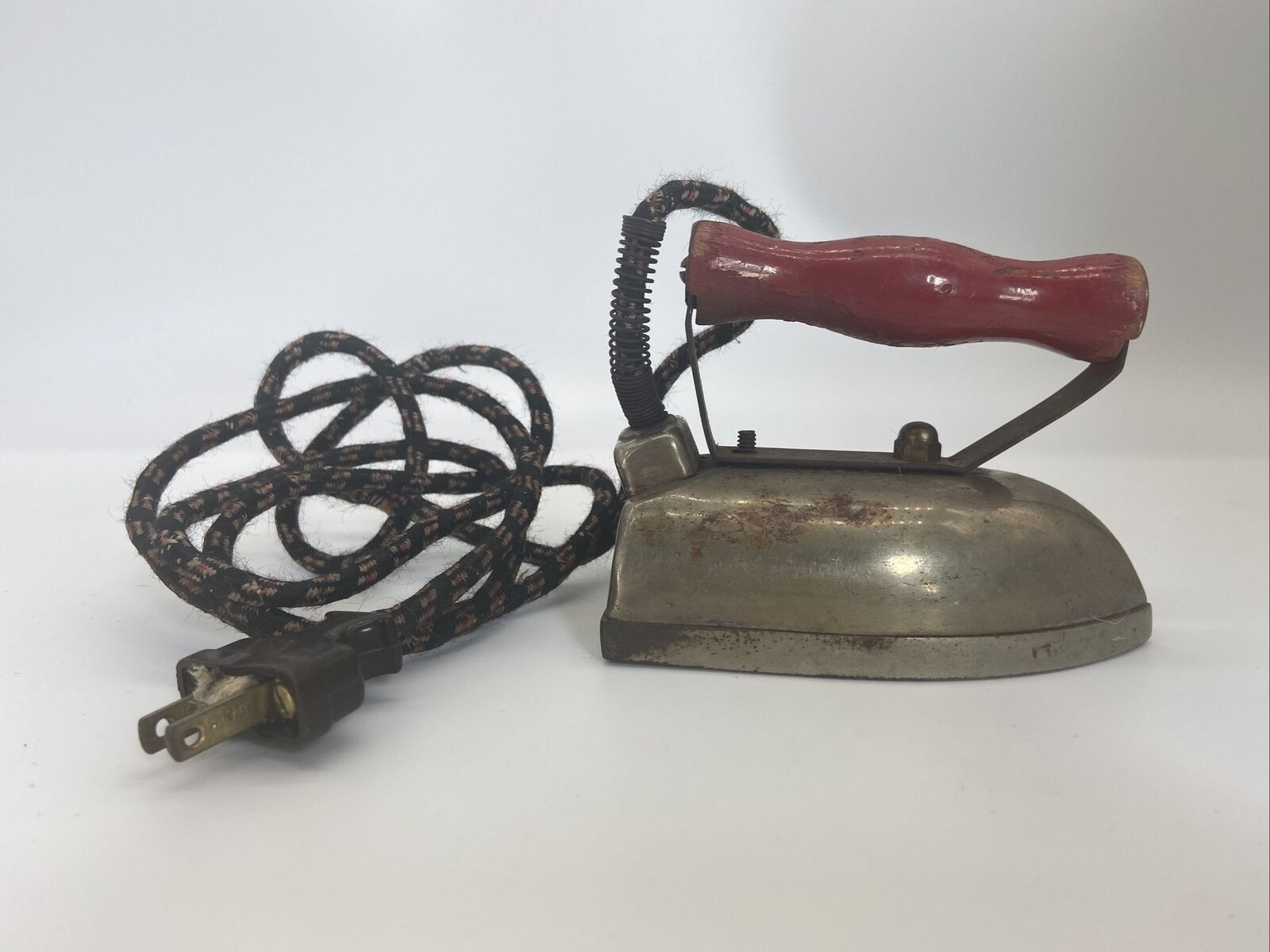 Vintage Antique Utility Iron with Original Cloth Wrapped Cord Red Wood Handle