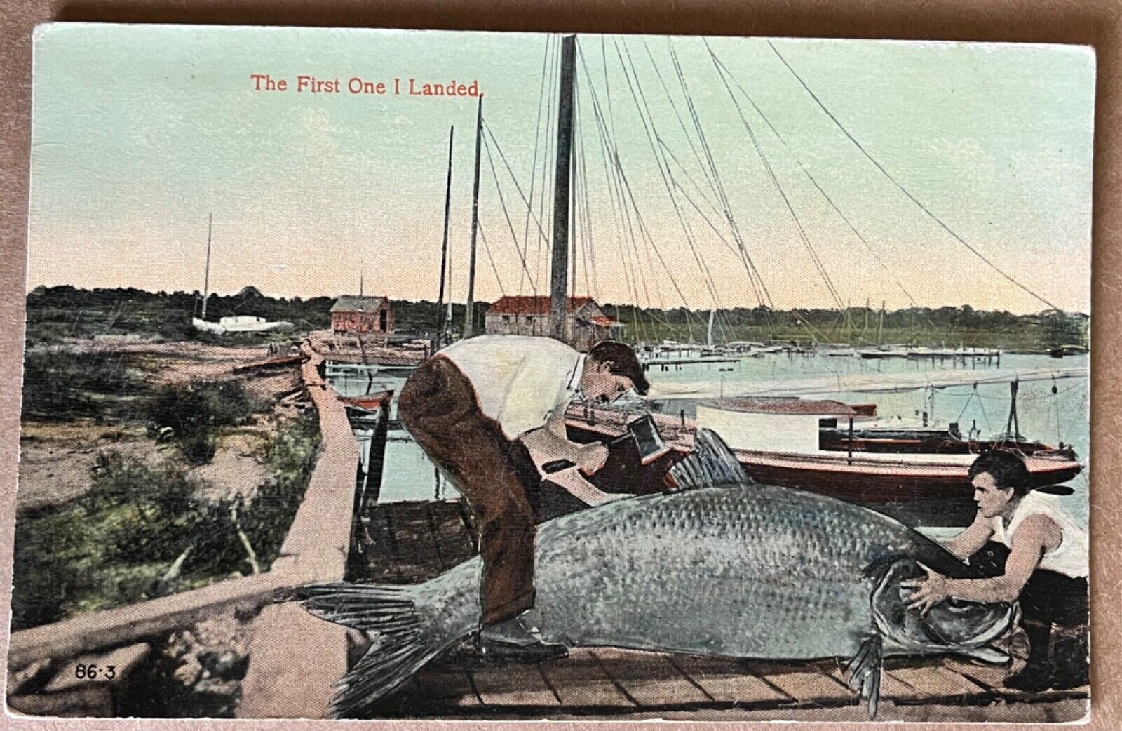 Man Smacks Exaggerated Fish with Axe Antique Fishermen Postcard 1918