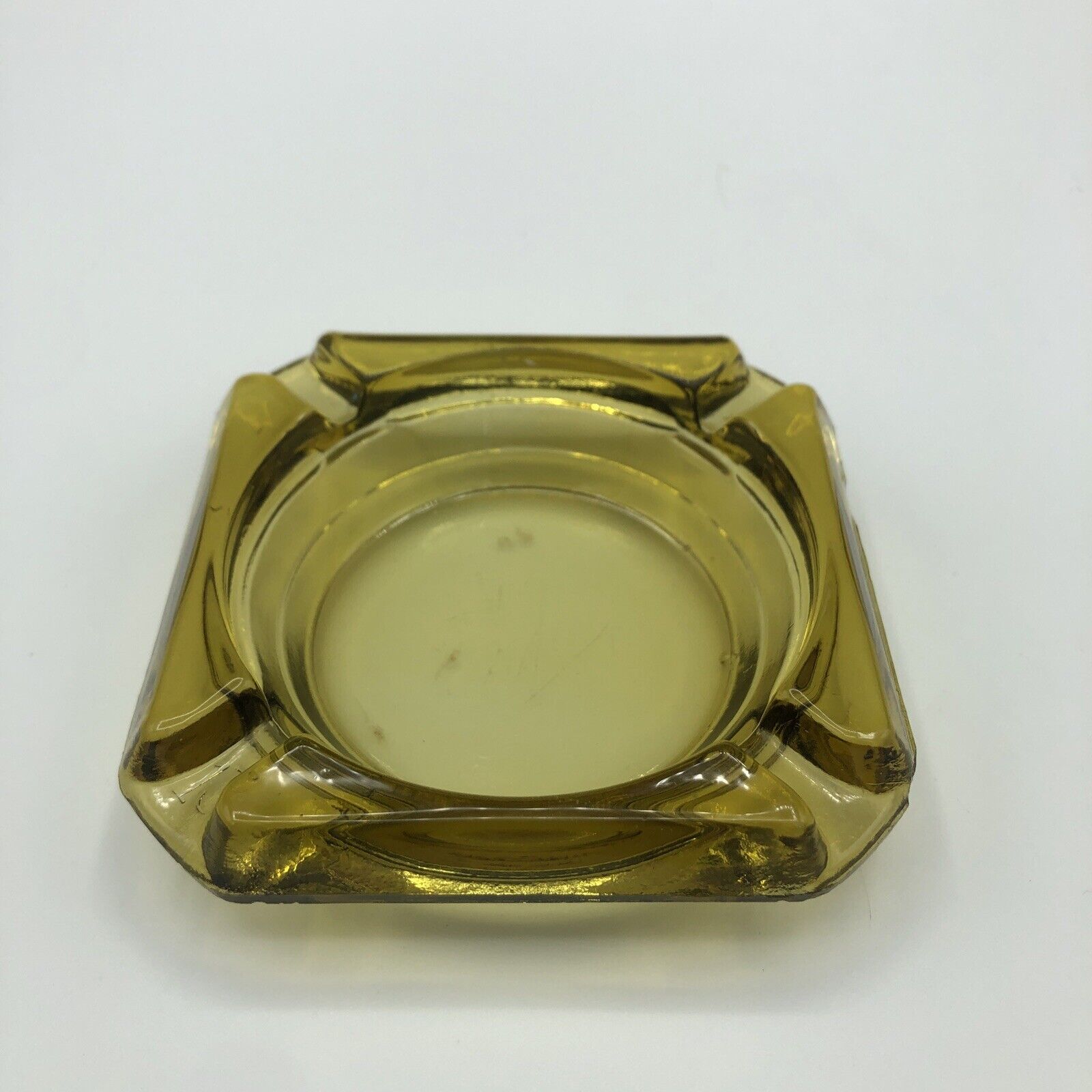 Vintage Mid Century 6” Square Yellow Amber Glass Ashtray Lucky # 13 A3