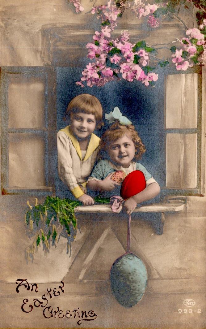 HAND COLORED RPPC AN EASTER GREETING EGGS CHILDREN MOUNTED PRESENTATION FOLDER