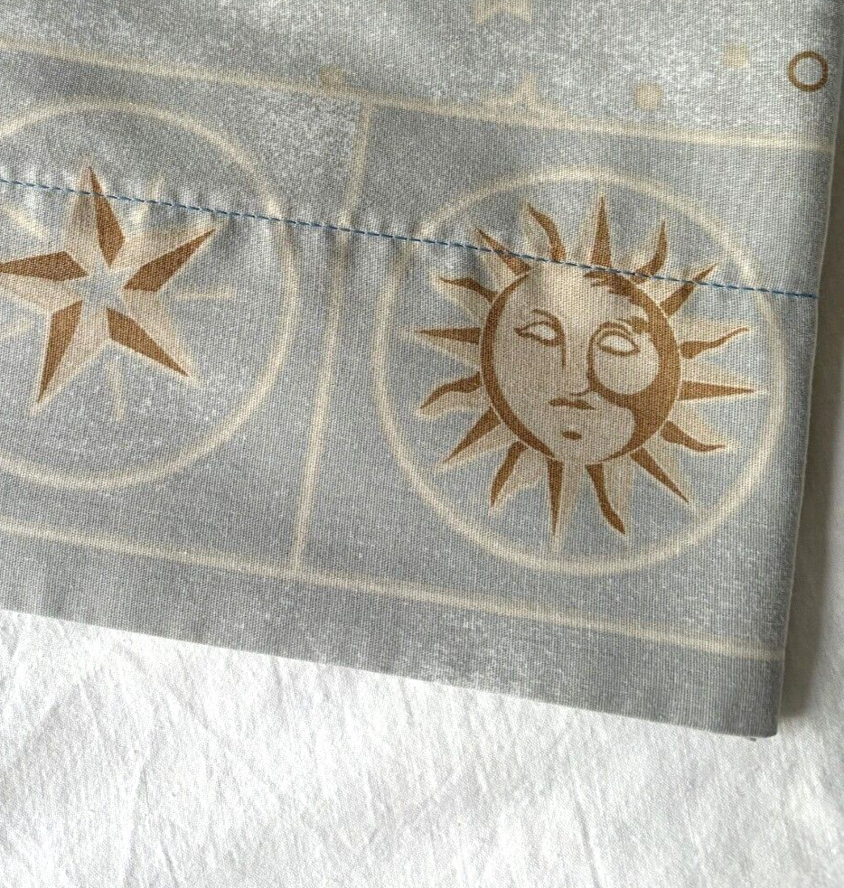 Vintage 90s Y2K Twin Flat Sheet Celestial Blue Stars Sun Moon FADED Whimsigoth