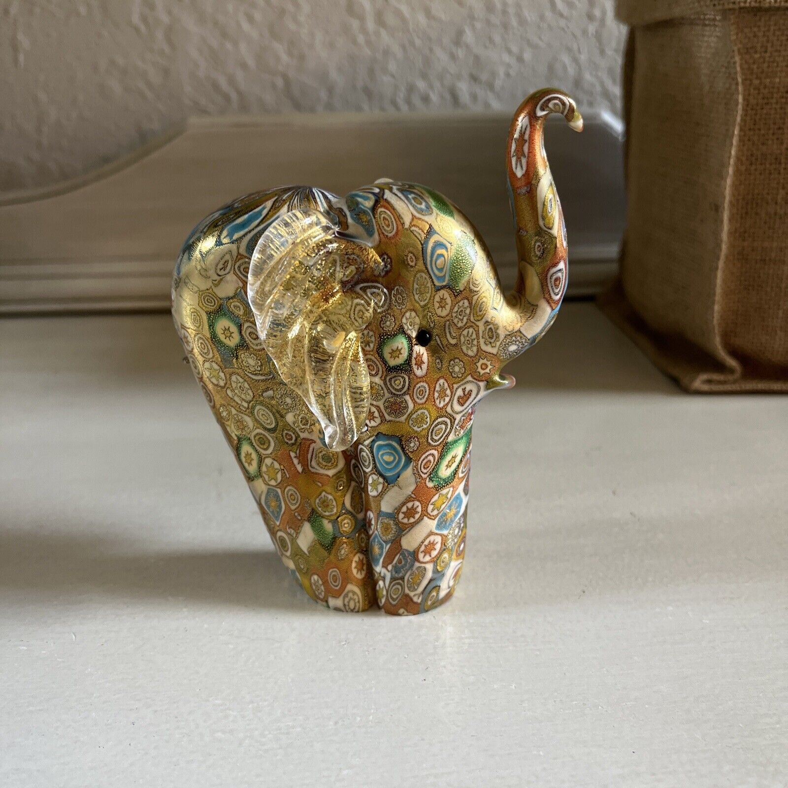 Vintage Murano Glass Murrine Elephant with Gold Leaf Excellent