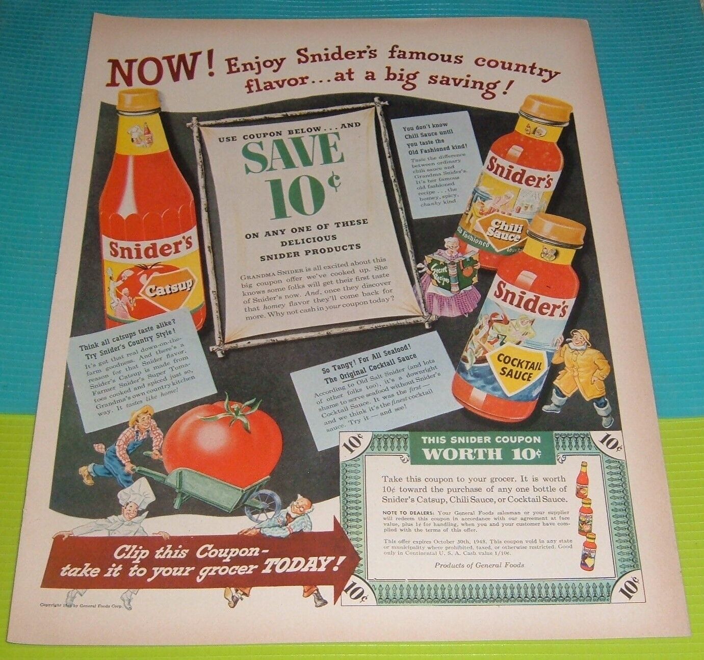 1948 PRINT AD ~ SNIDER\'S CATSUP, CHILI SAUCE, COCKTAIL SAUCE, WHEELBARROW TOMATO