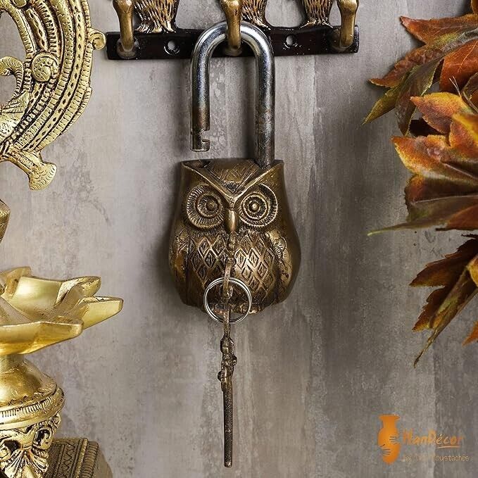 Owl Design Golden Functional Brass Lock with 2 Keys (Golden) for Home