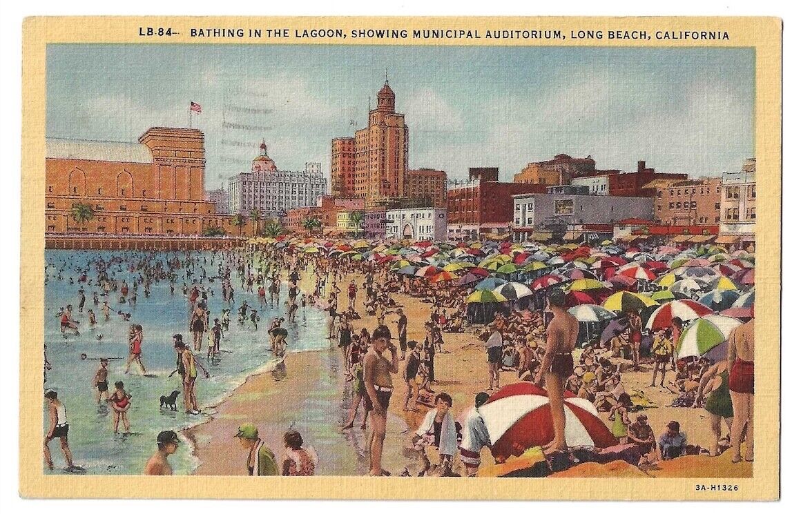 Long Beach California c1940's Bathing in Lagoon, umbrellas, Municipal Auditorium