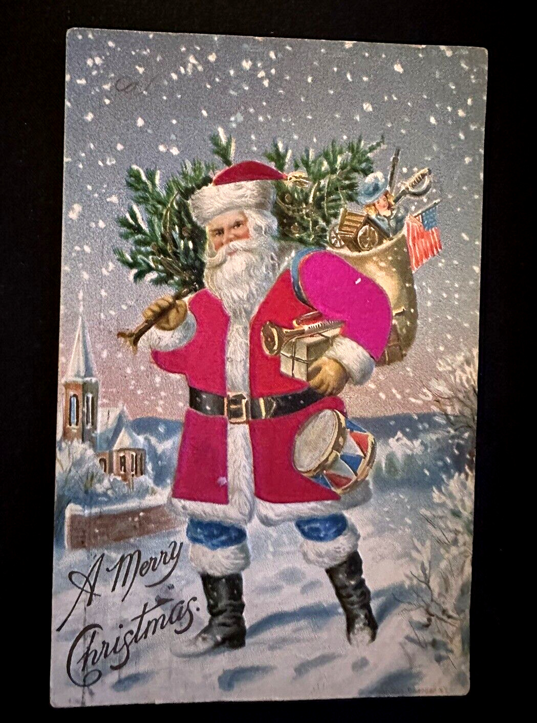 Patriotic SILK Santa Claus~with USA  Flag~Toys~Tree~1909 Postcard-h849