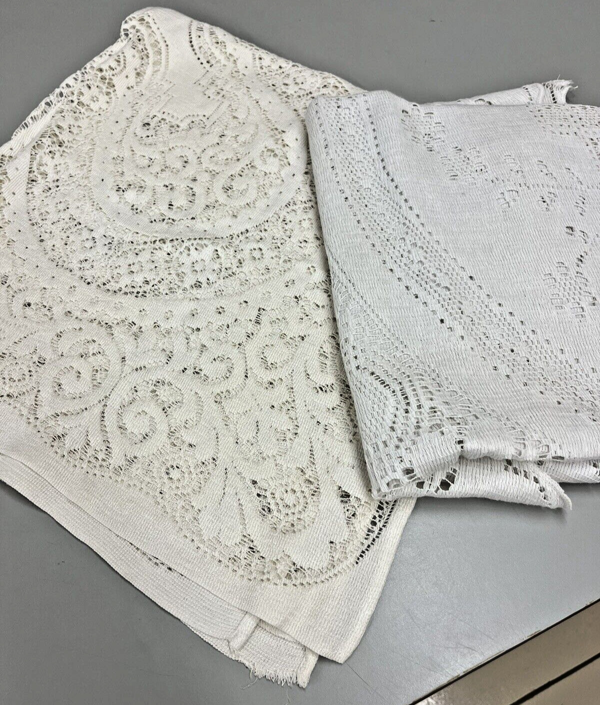 Lot of TWO Vintage Lace Tablecloths Table Toppers Cover Doily 1 Round; 1 Square