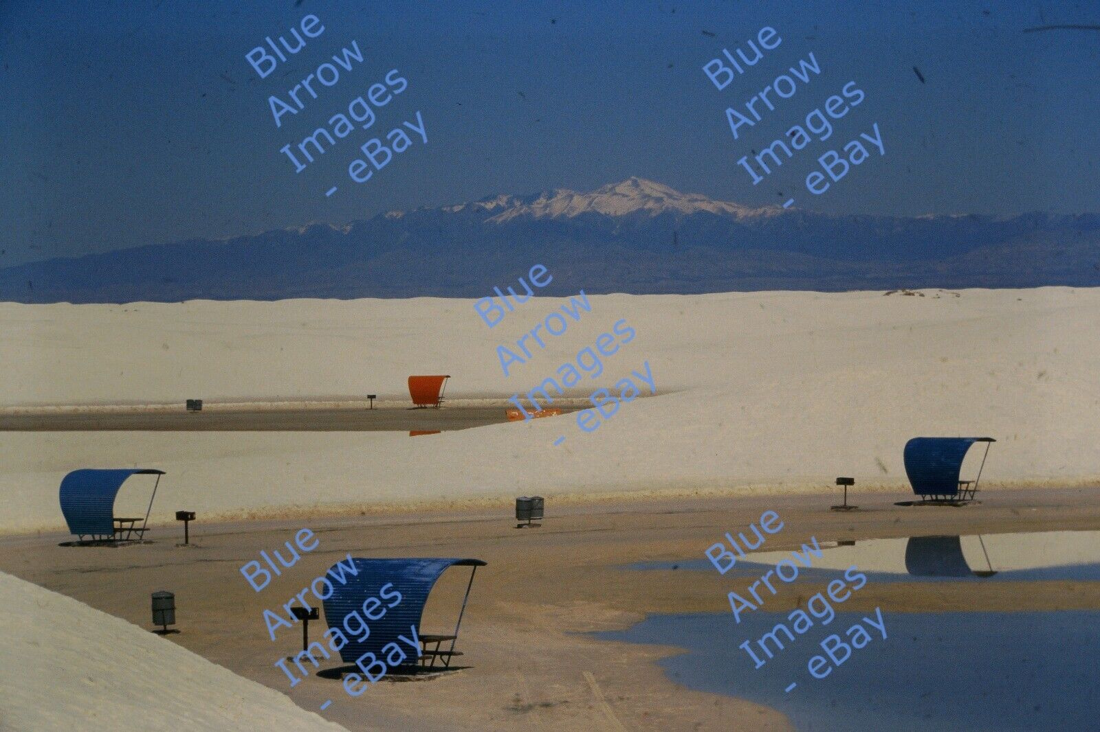 1987 35mm slide White Sands National Park Lake Mountain Picnic Tables #1634