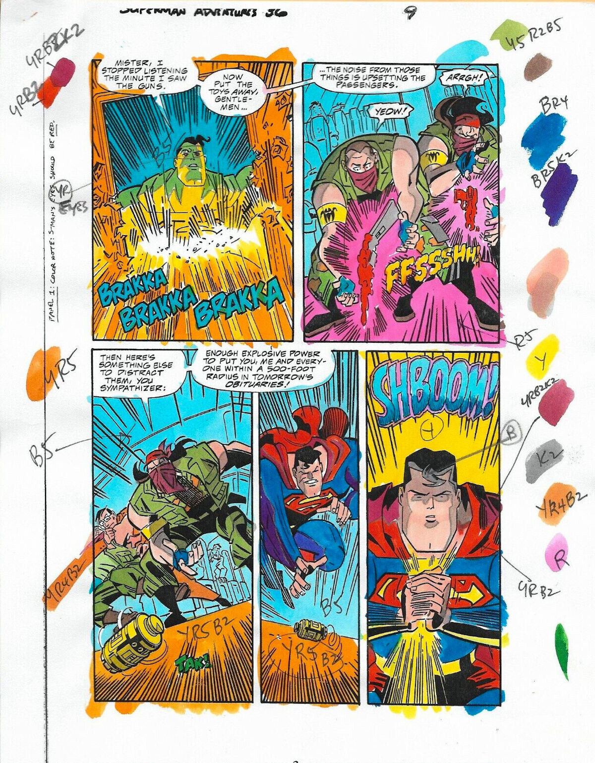 Original 1999 Superman Adventures 36 color guide comic book art page 9,DC Comics