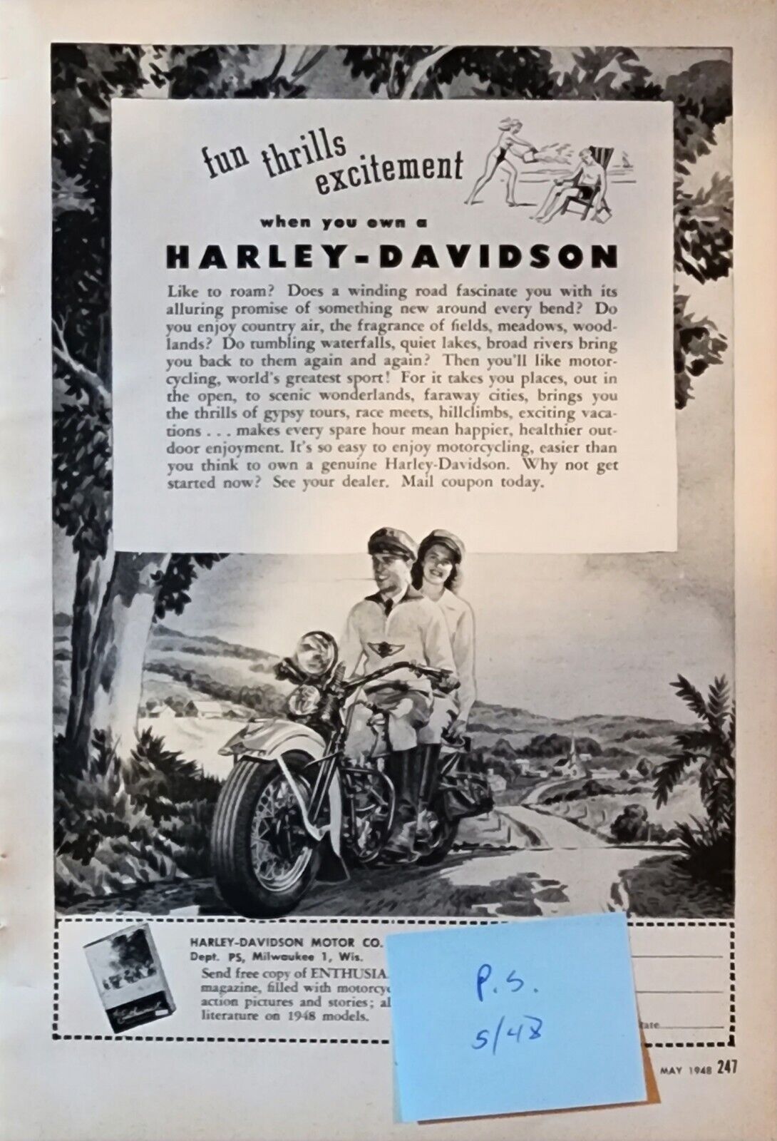 Popular Science March 1948 Harley-Davidson Panhead  Motorcycle Original Ad  