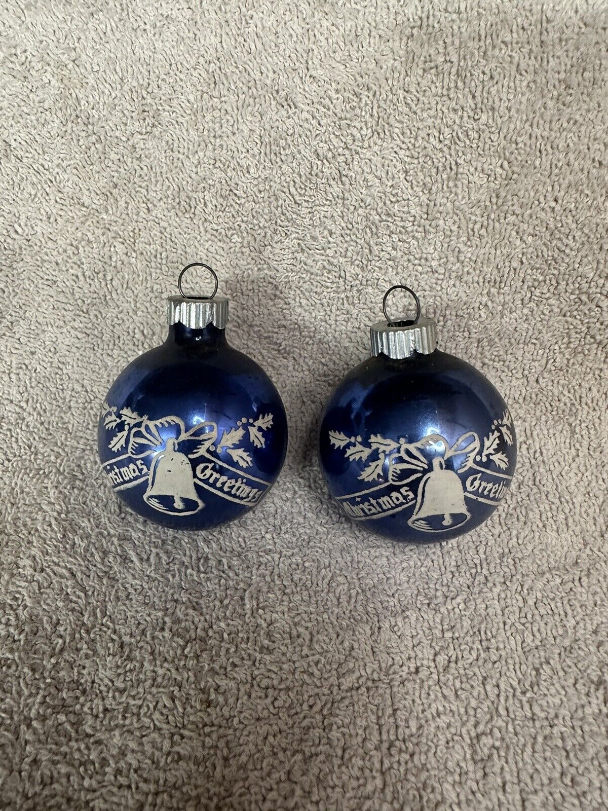 2 Vintage Shiny Brite Blue Christmas greetings Bell stencil glass ornament