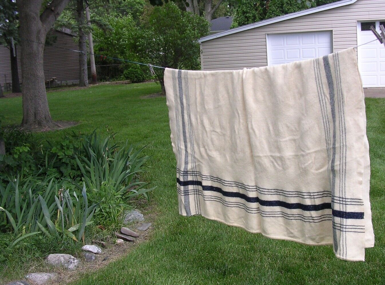 #RE  Blue Stripe Wool Blanket 62”x 74”Vintage Hudson Bay Style Twin Size
