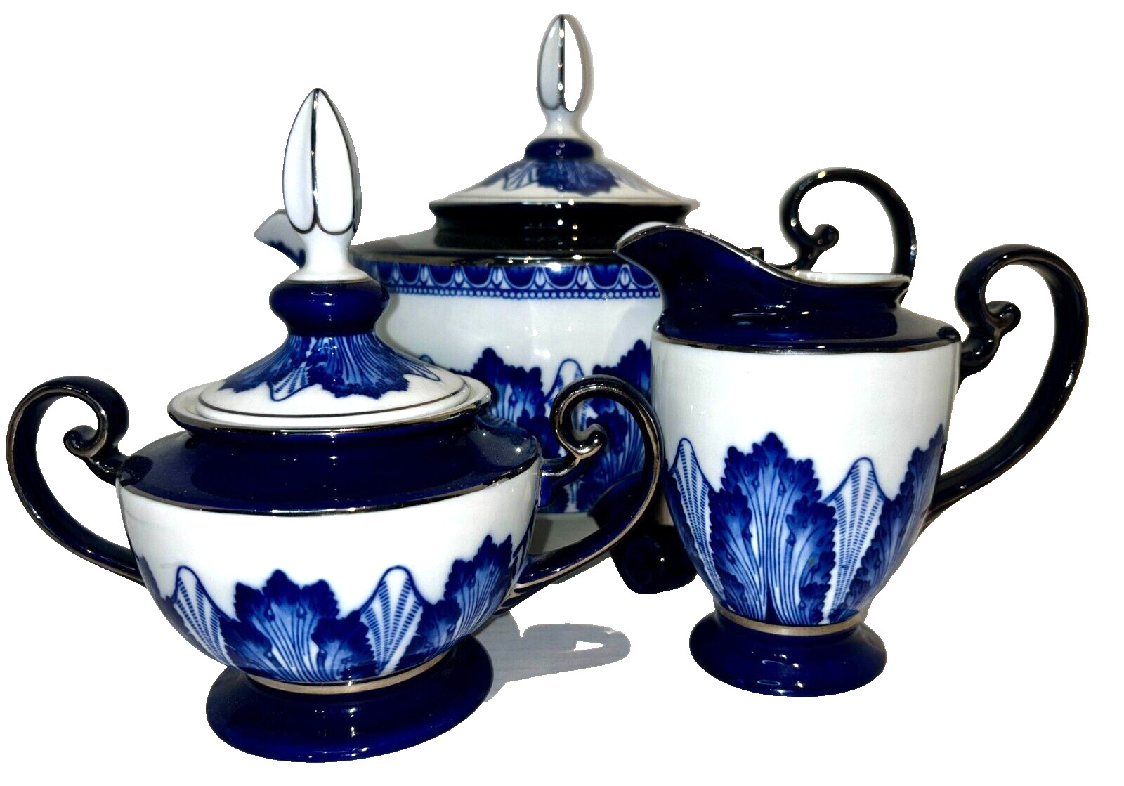 The Bombay Company Asian Garden Tea Pot Sugar Bowl Creamer Cobalt Platinum China