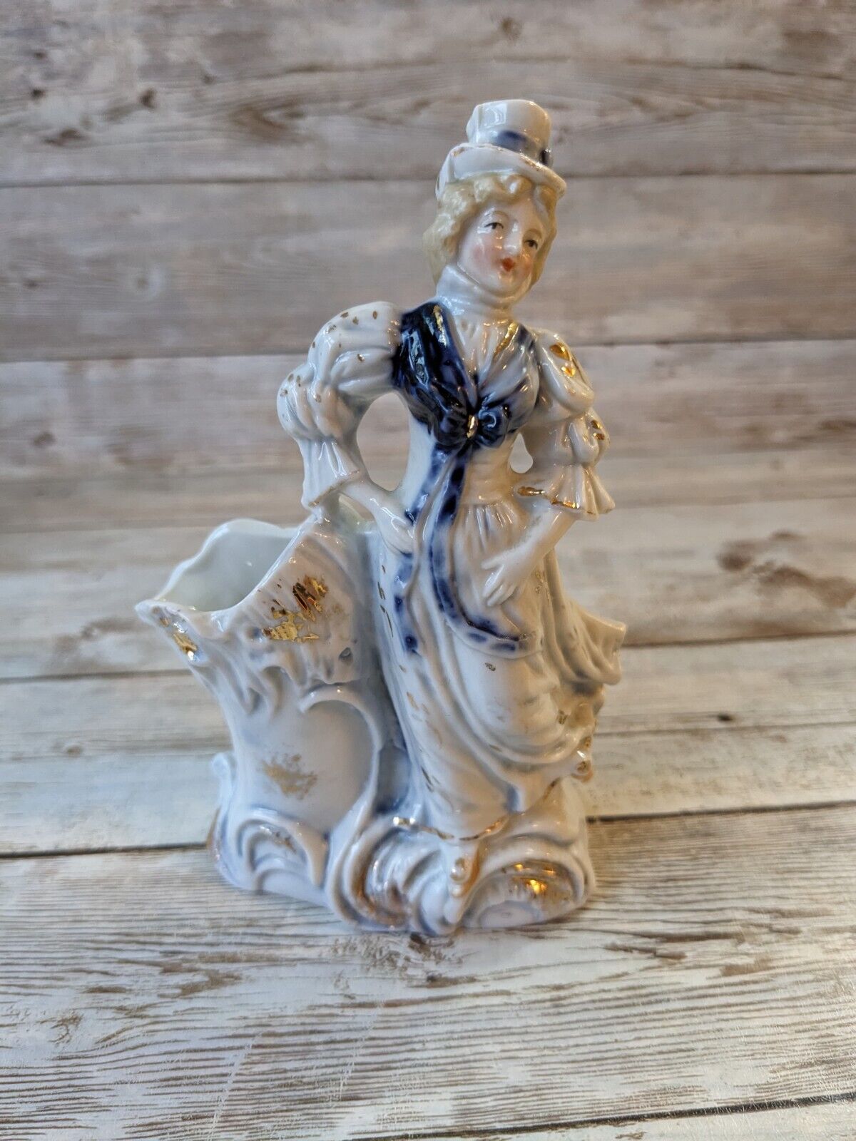 Antique Figural Porcelain Match Holder Victorian Woman Flow Blue 