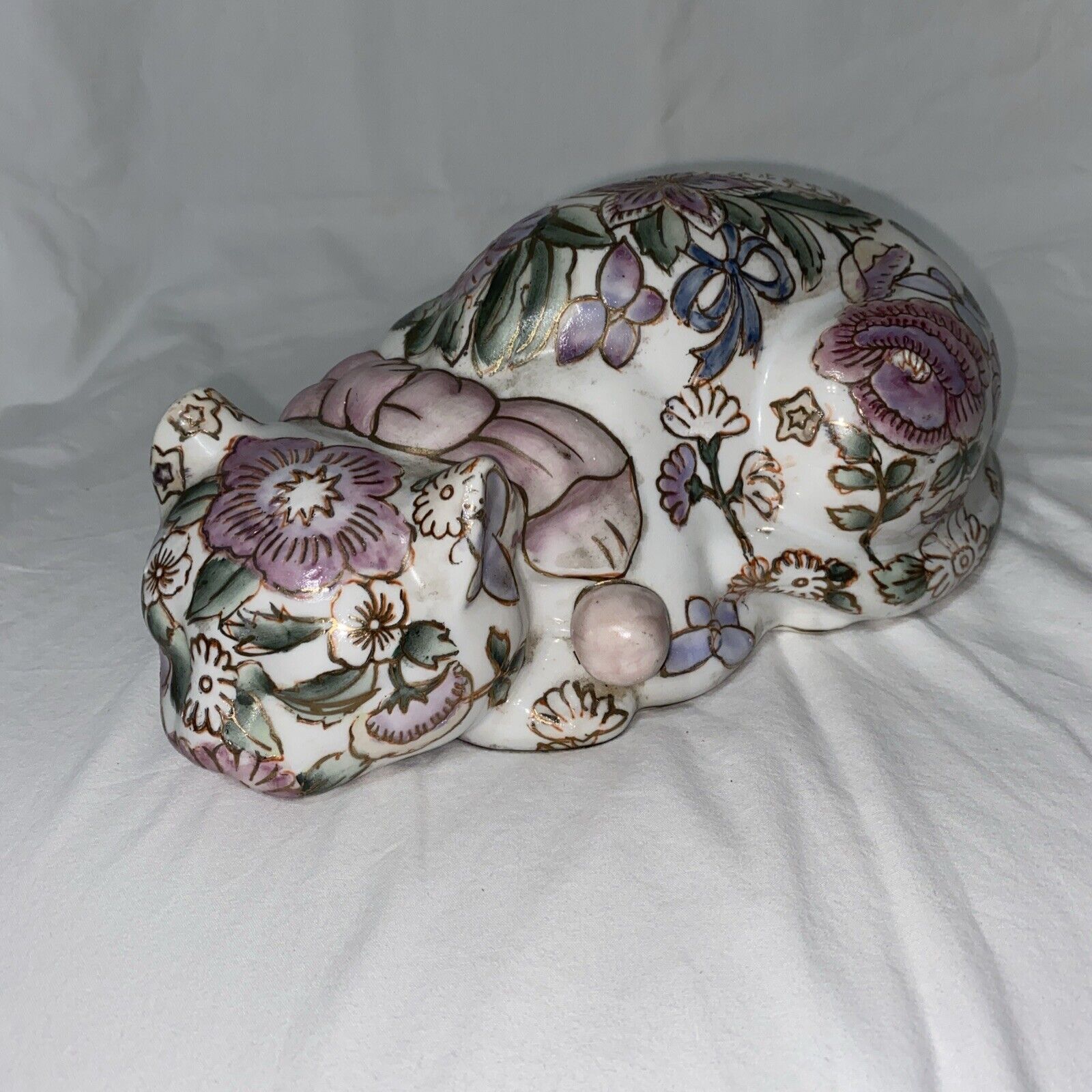 Vintage Cloisonné Cat Ceramic Floral Style Curled-Up Sleeping 9” Long Figurine
