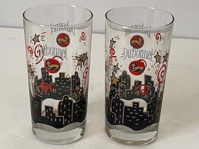 Set of 2 Vintage Dubonnet Drinking Glasses cityscape Skyline Cat in Moon Barware