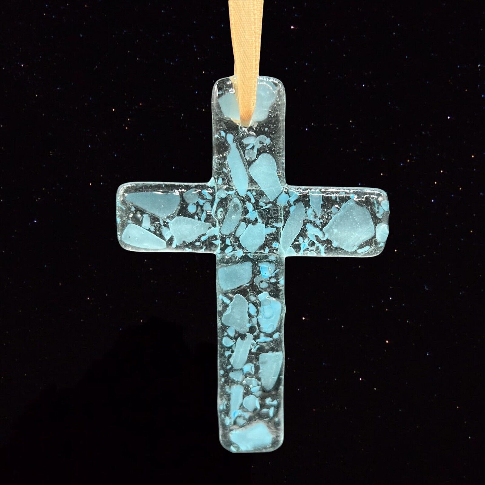 Vintage Studio Art Glass Fused Blue Cross Religion 3”W 4.5”W