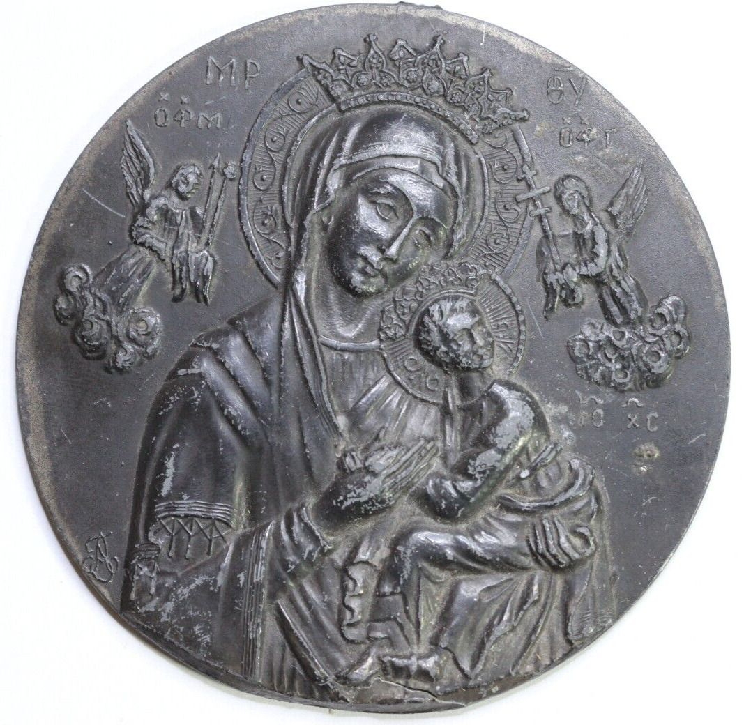 Antique 19c Russian Icon Tin Plaque Mother of God