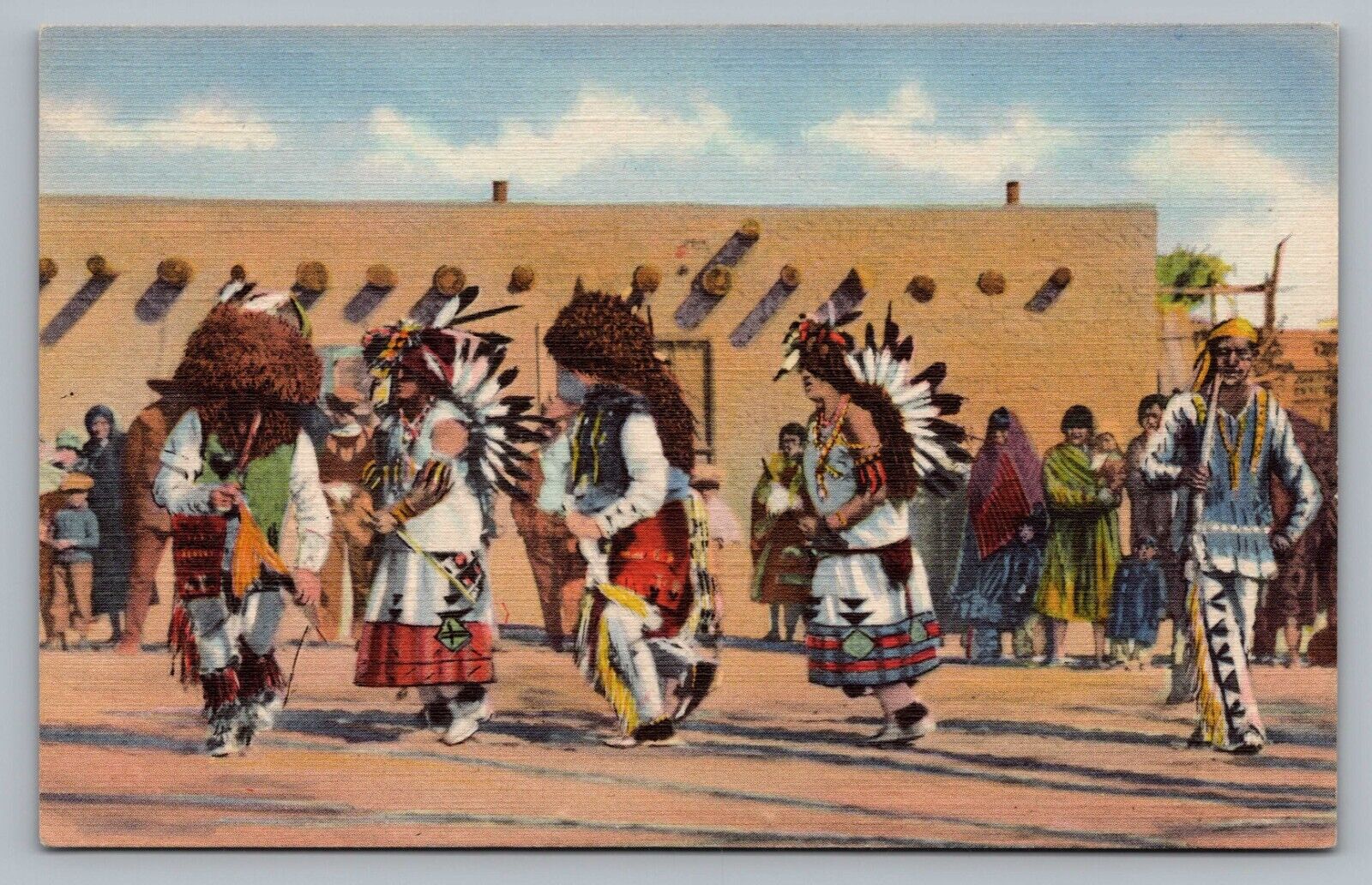 Pueblo Indians Buffalo Dance Hopi Taos San Juan Tribes Headdress Postcard Vtg D5